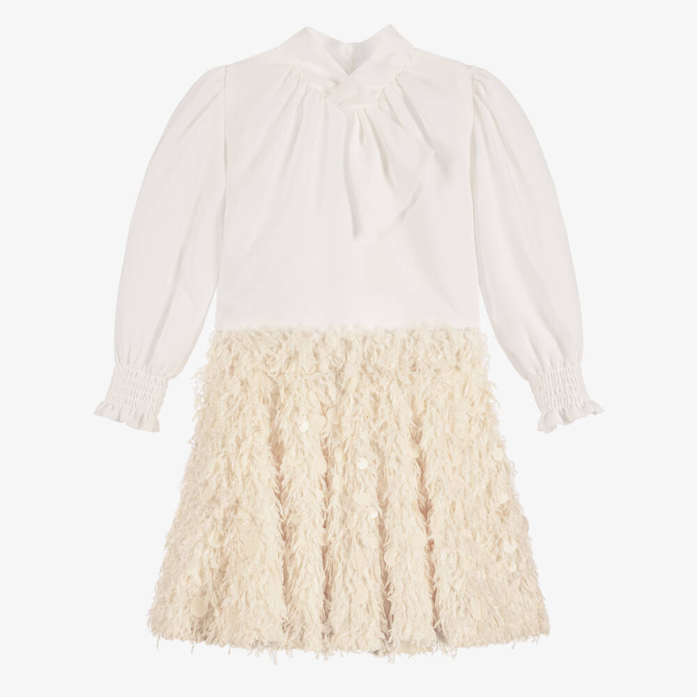 Abel & Lula-Girls White & Beige Skirt Set with Round Sequins | Childrensalon