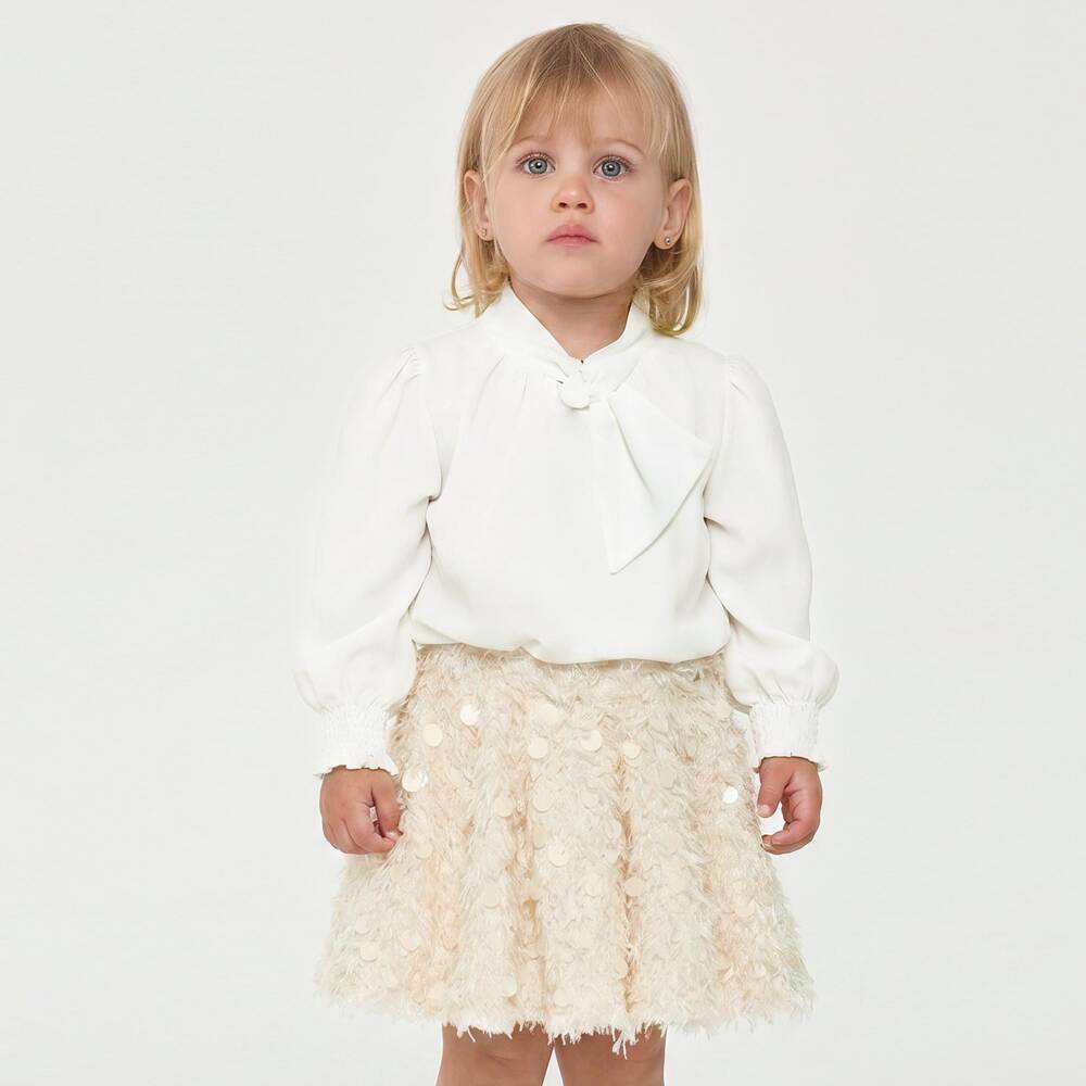 Abel & Lula-Girls White & Beige Skirt Set with Round Sequins | Childrensalon