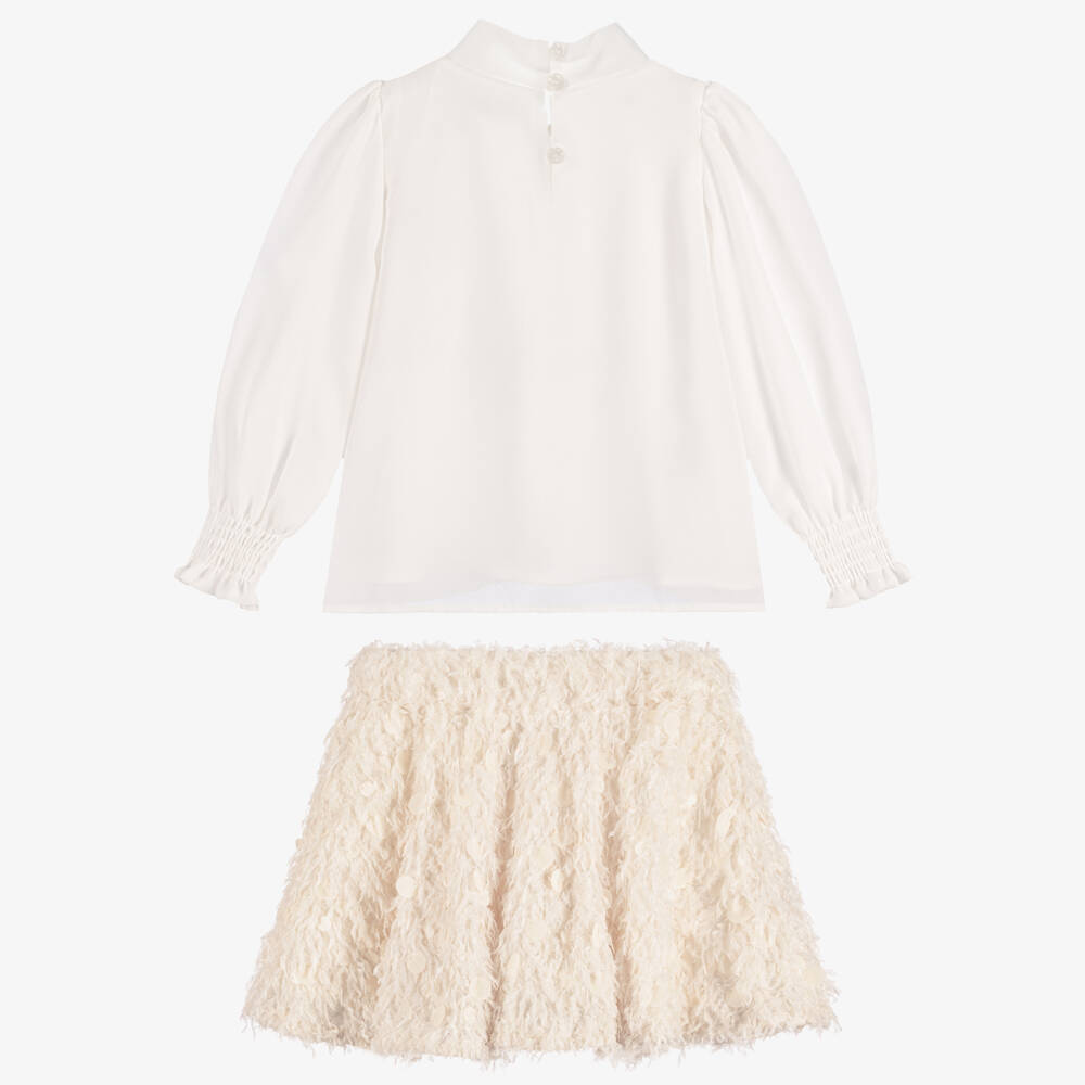Abel & Lula-Girls White & Beige Skirt Set with Round Sequins | Childrensalon