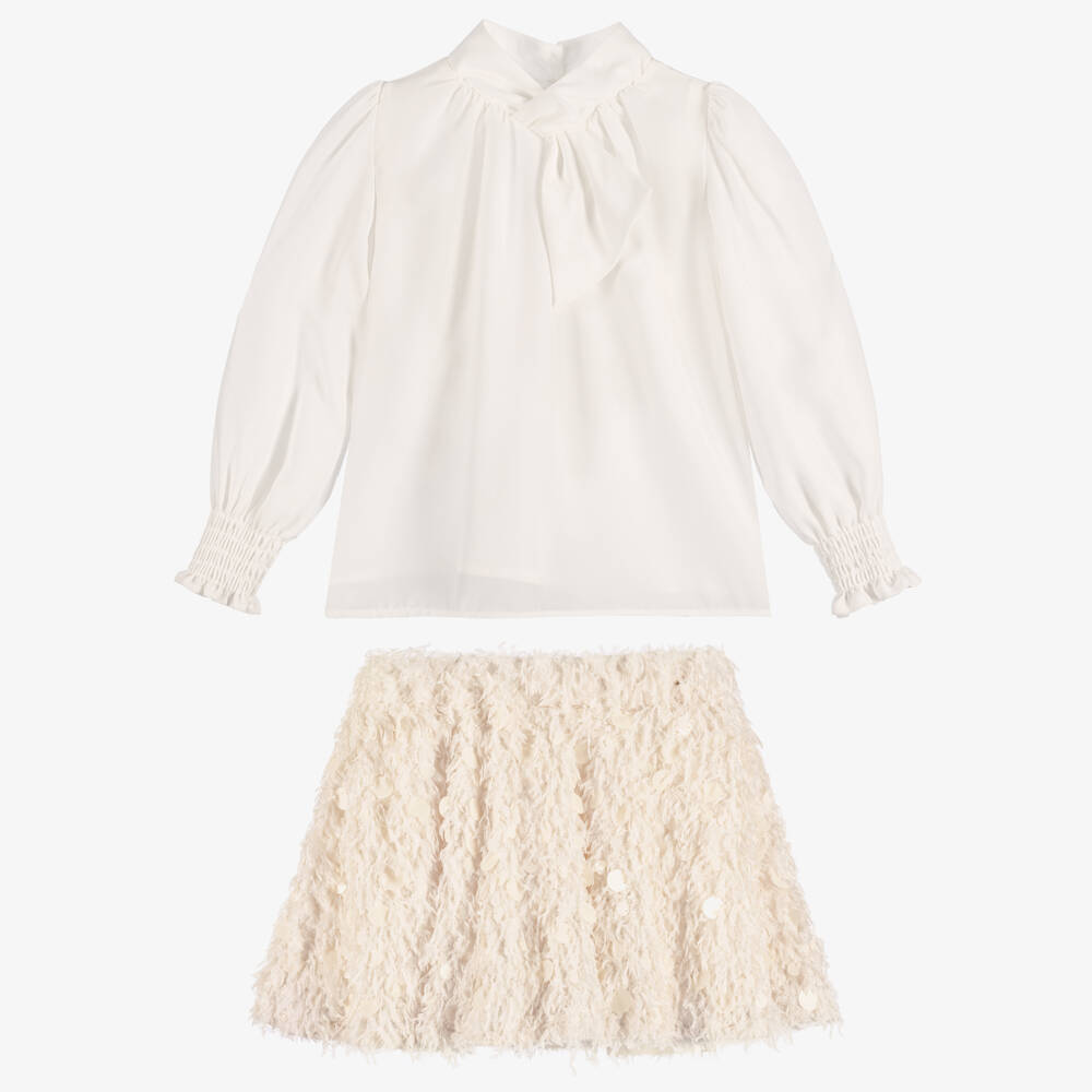 Abel & Lula-Girls White & Beige Skirt Set with Round Sequins | Childrensalon