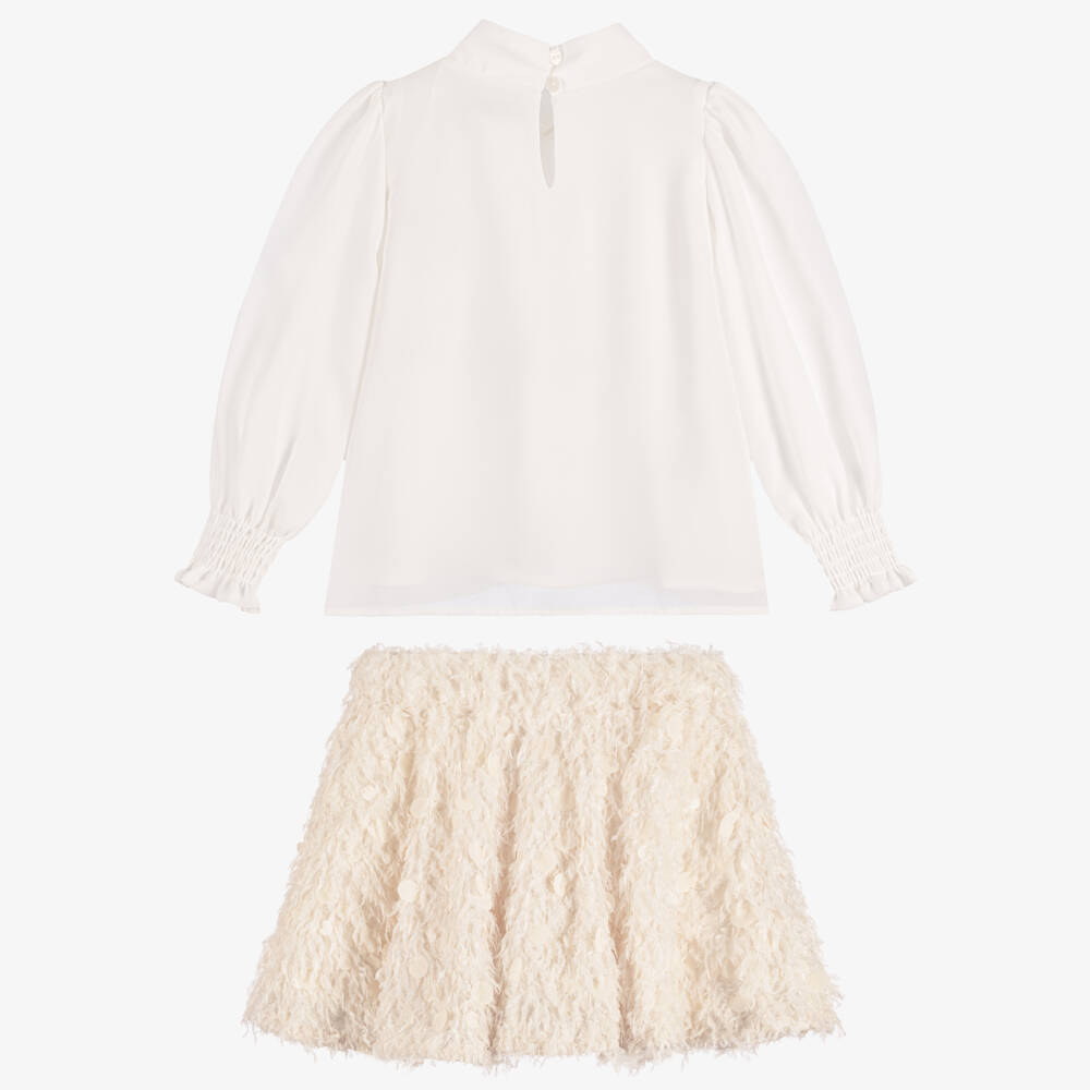 Abel & Lula-Girls White & Beige Skirt Set with Round Sequins | Childrensalon