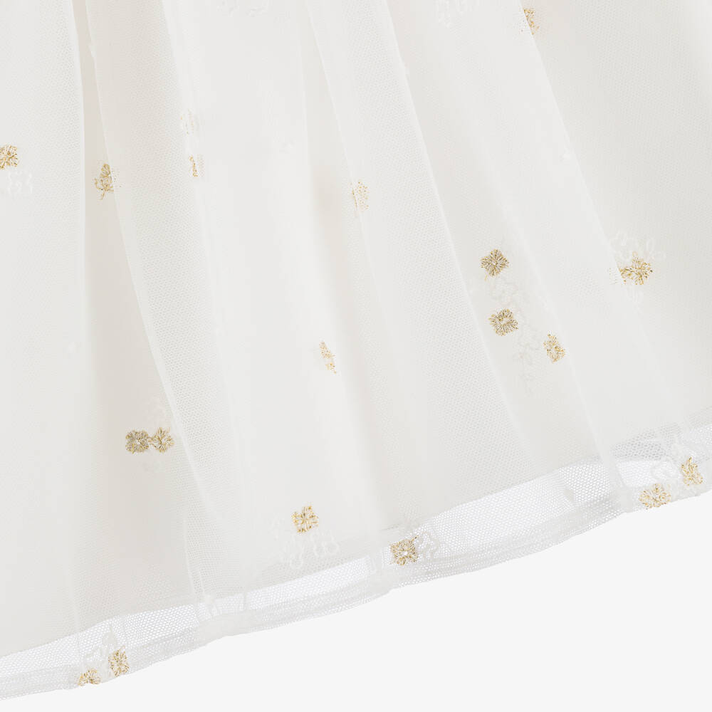 Abel & Lula-Girls White & Gold Dress with Flower Appliqué | Childrensalon