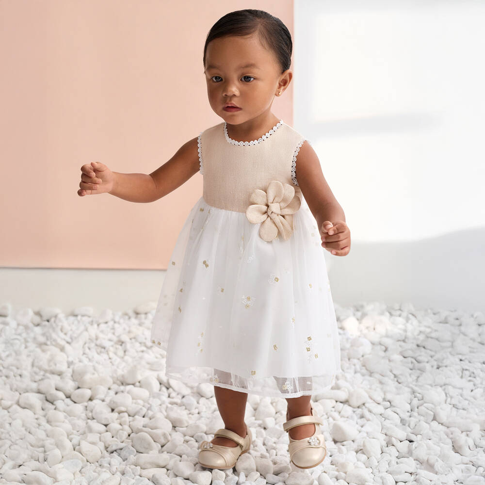 Abel & Lula-Girls White & Gold Dress with Flower Appliqué | Childrensalon
