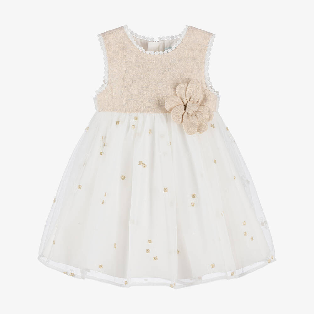 Abel & Lula-Girls White & Gold Dress with Flower Appliqué | Childrensalon