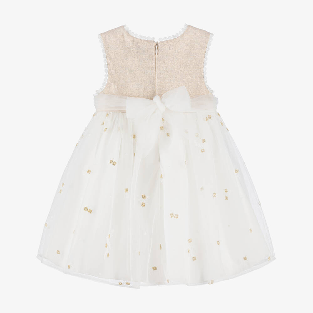 Abel & Lula-Girls White & Gold Dress with Flower Appliqué | Childrensalon