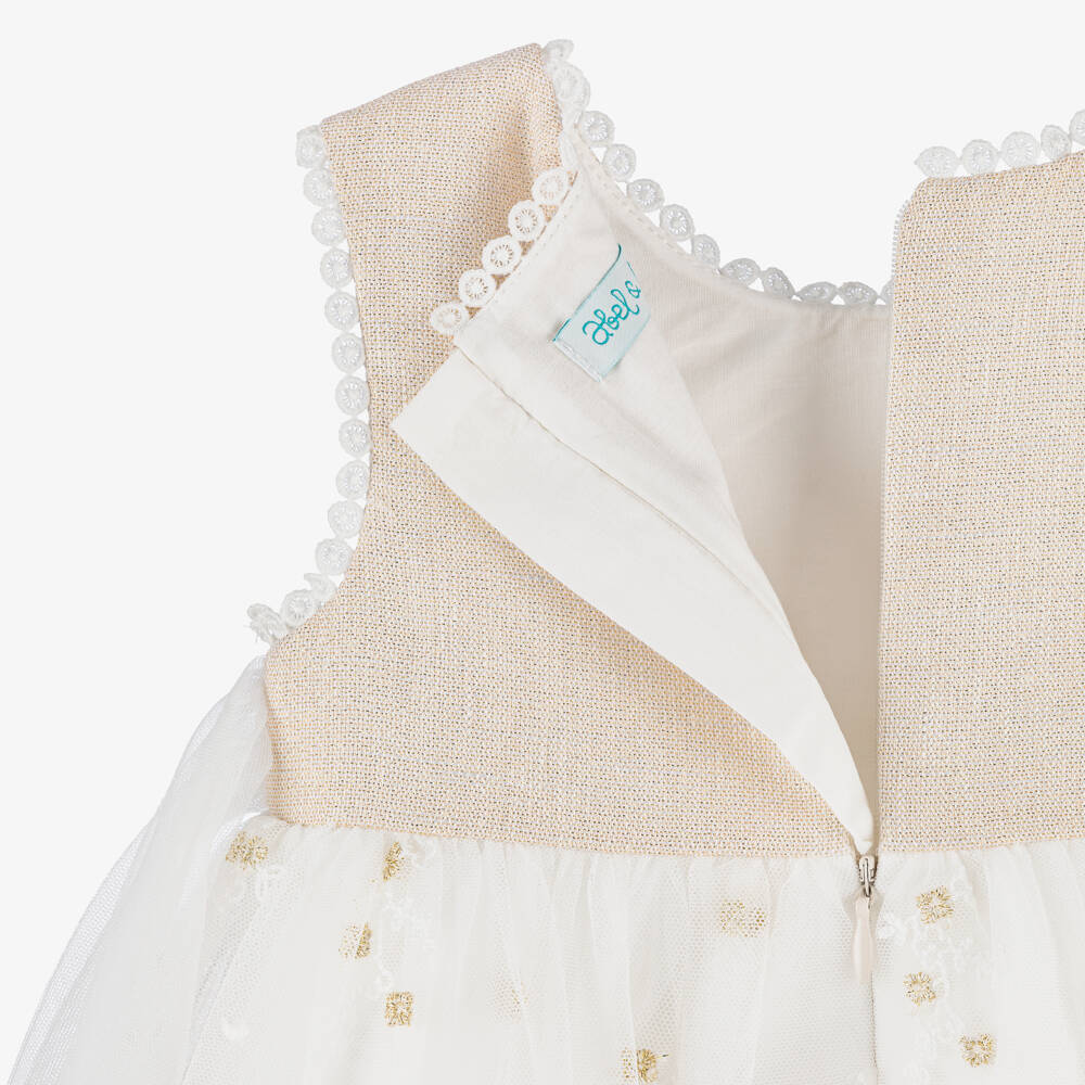 Abel & Lula-Girls White & Gold Dress with Flower Appliqué | Childrensalon