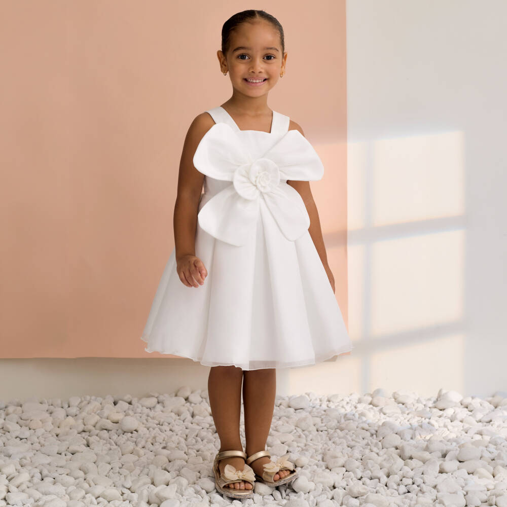 Abel & Lula-Girls White Satin Dress with Large Flower Appliqué | Childrensalon
