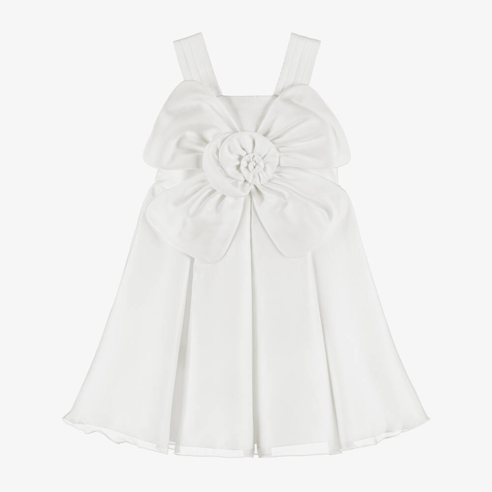 Abel & Lula-Girls White Satin Dress with Large Flower Appliqué | Childrensalon