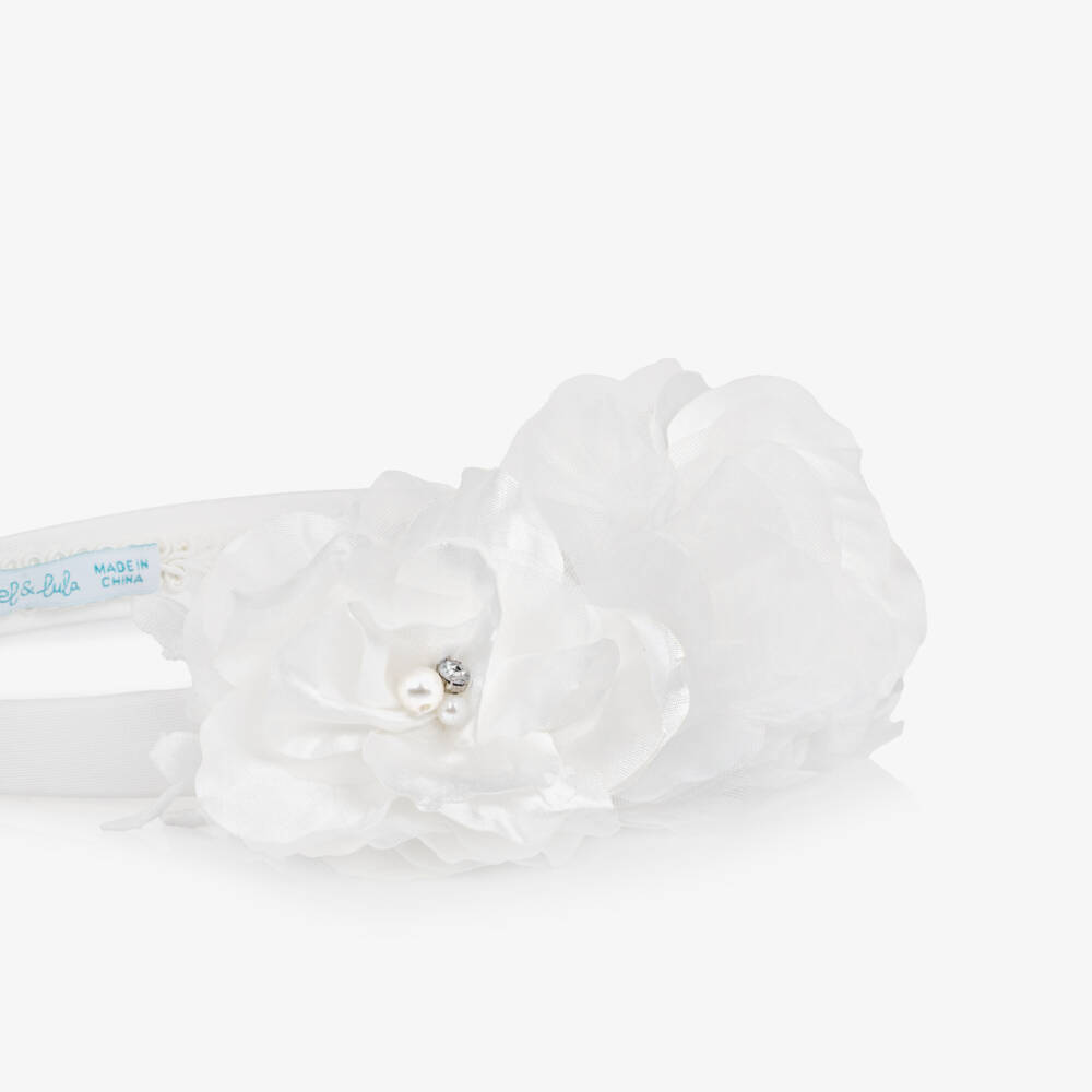 Abel & Lula-Girls White Satin & Pearl Flower Hairband | Childrensalon