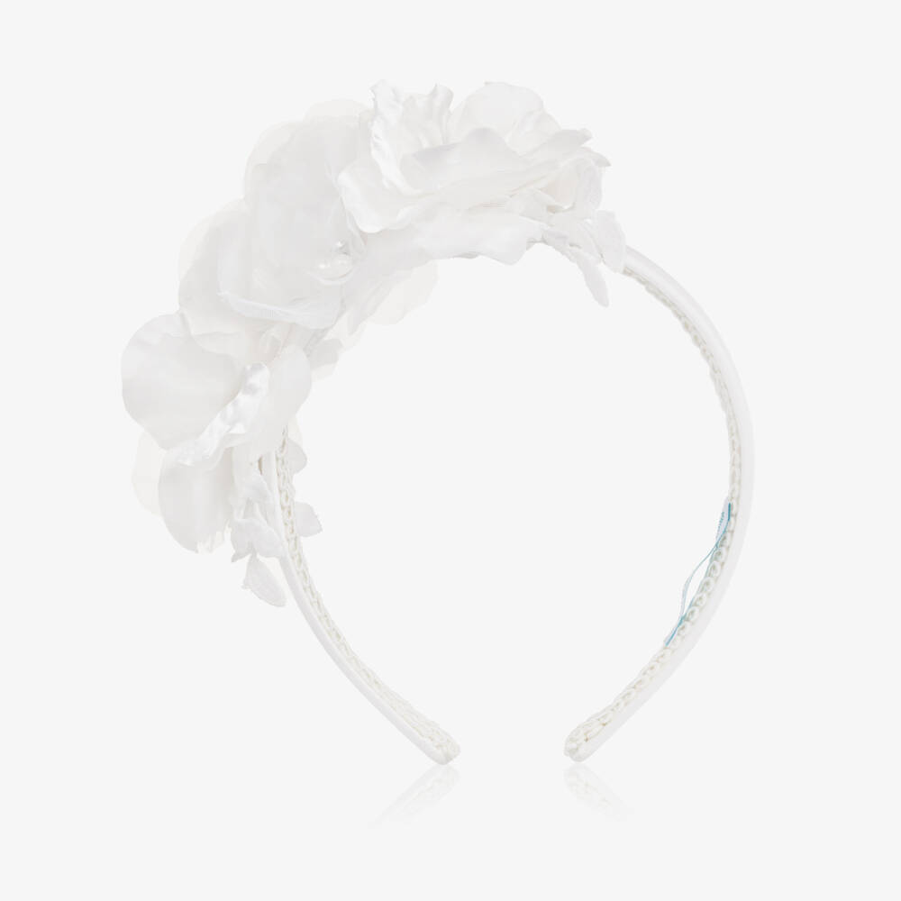 Abel & Lula-Girls White Satin & Pearl Flower Hairband | Childrensalon