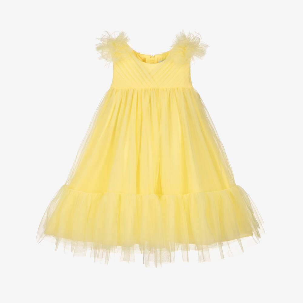 Abel & Lula-Girls Yellow Tulle Dress with Pleated Bodice | Childrensalon