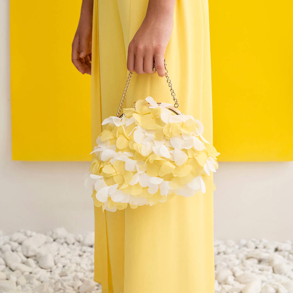 Abel & Lula-Girls Yellow & White Crêpe Chiffon Flower Shoulder Bag (20cm) | Childrensalon