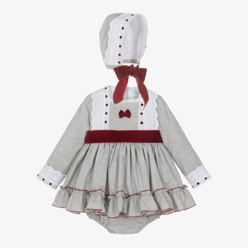 Abuela Tata-Baby Girls Grey & Burgundy Red Cotton Dress Set with Lace Trims | Childrensalon