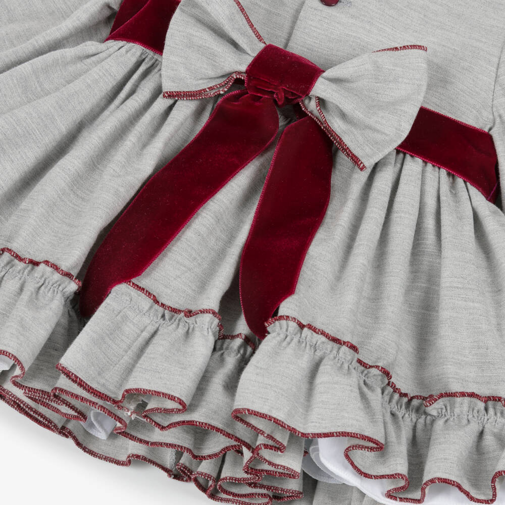 Abuela Tata-Baby Girls Grey & Burgundy Red Cotton Dress Set with Lace Trims | Childrensalon