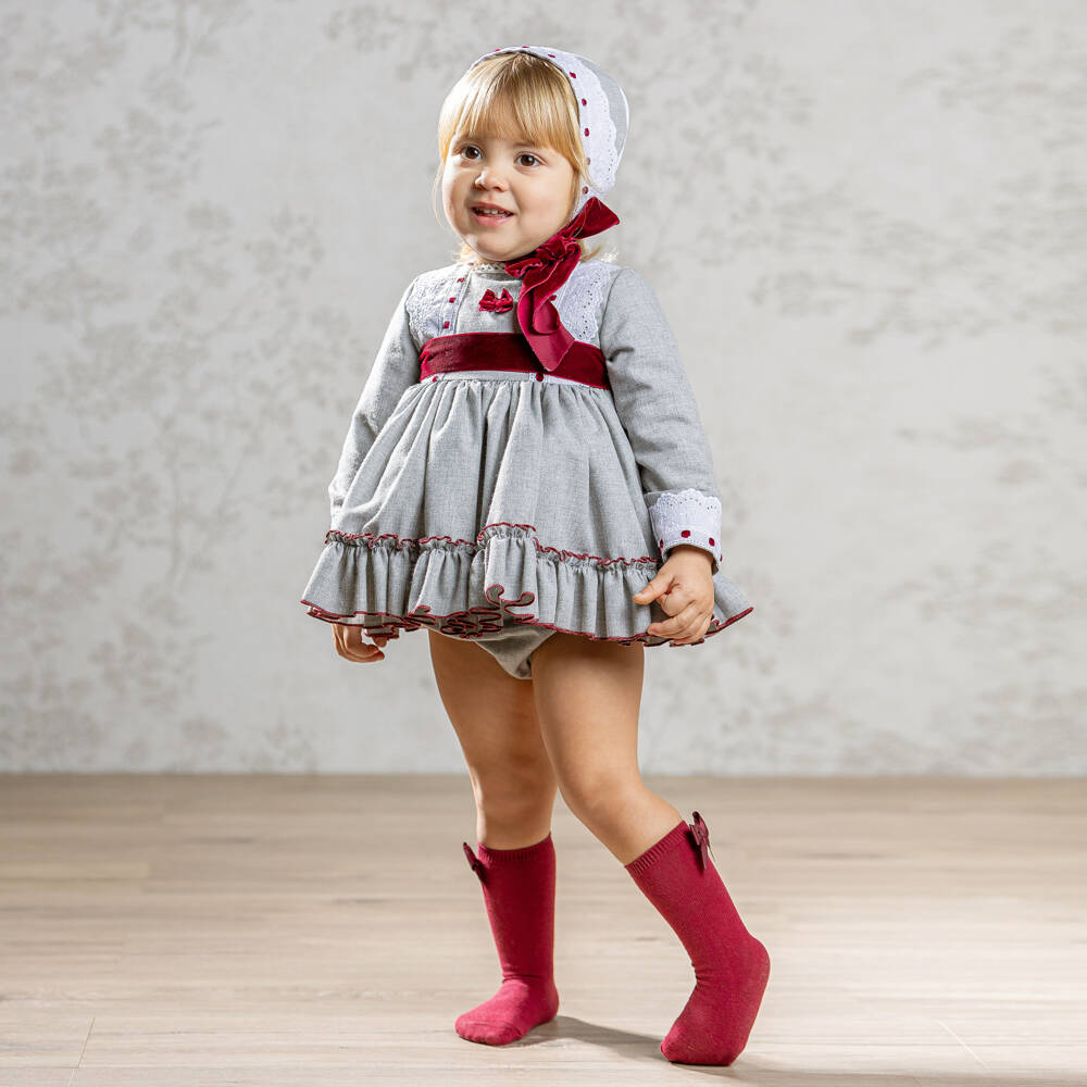 Abuela Tata-Baby Girls Grey & Burgundy Red Cotton Dress Set with Lace Trims | Childrensalon