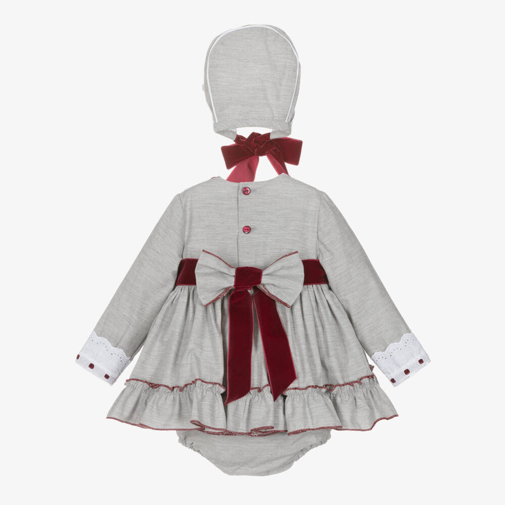 Abuela Tata-Baby Girls Grey & Burgundy Red Cotton Dress Set with Lace Trims | Childrensalon