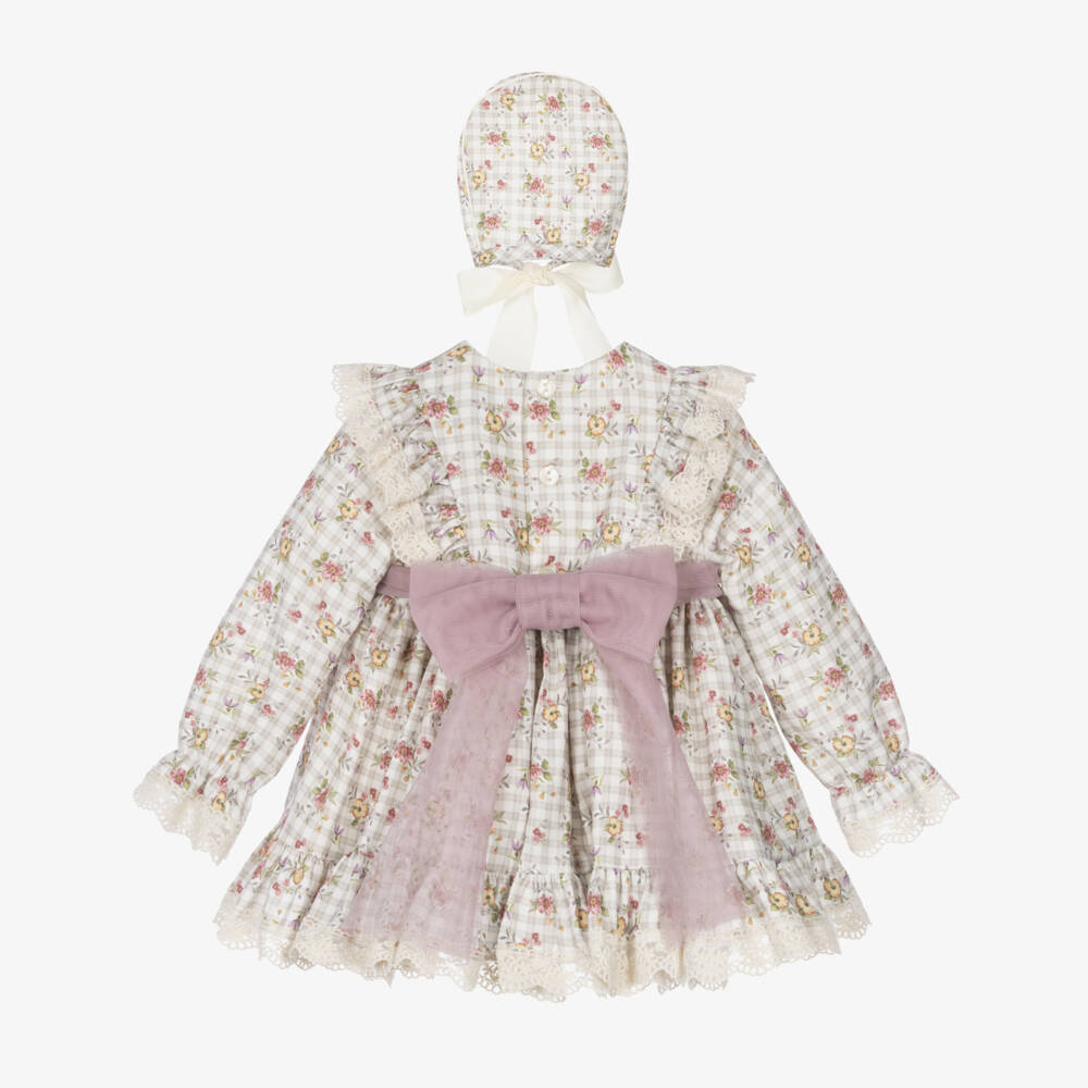 Abuela Tata-Baby Girls Ivory Check & Floral Print Cotton Dress | Childrensalon
