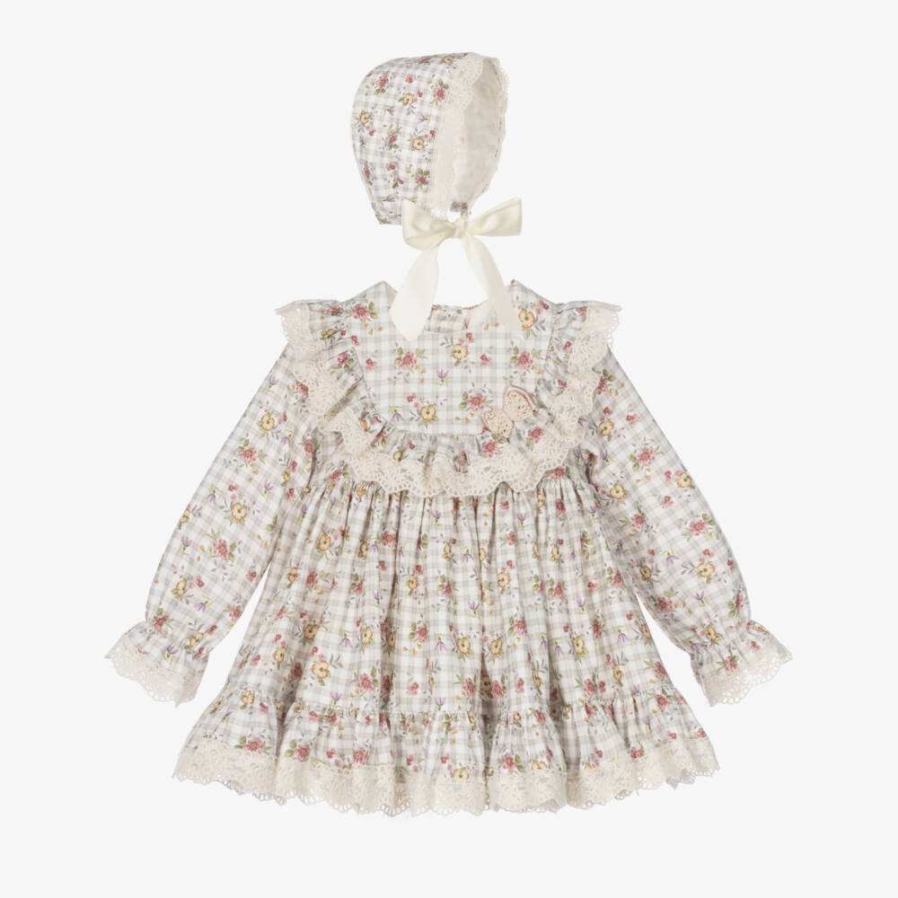 Abuela Tata-Baby Girls Ivory Check & Floral Print Cotton Dress | Childrensalon