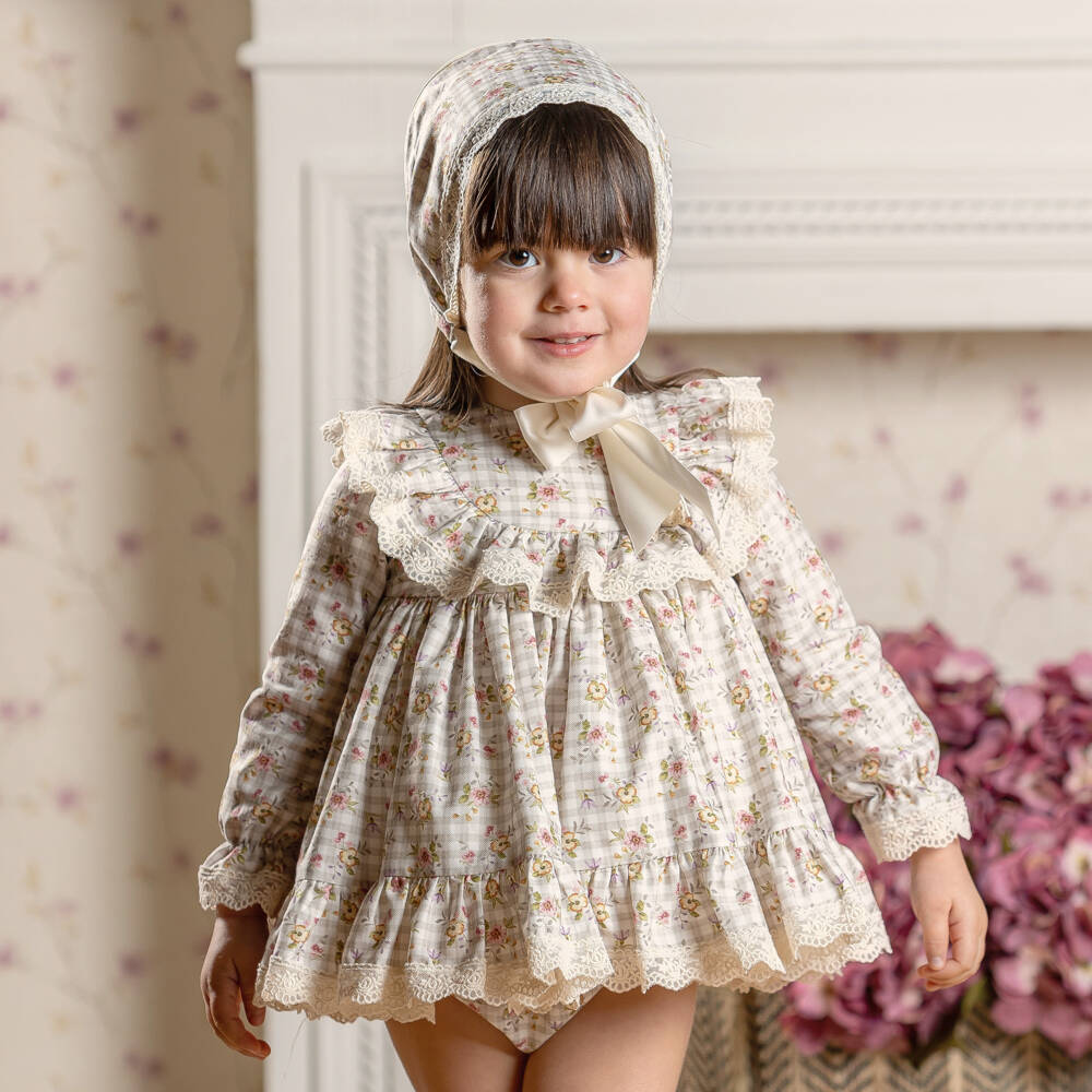 Abuela Tata-Baby Girls Ivory Check & Floral Print Cotton Dress | Childrensalon