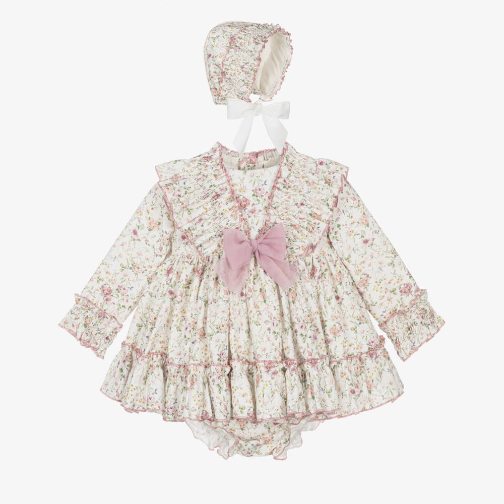 Abuela Tata-Baby Girls Ivory & Pink Cotton Floral Dress Set with Ruffles | Childrensalon