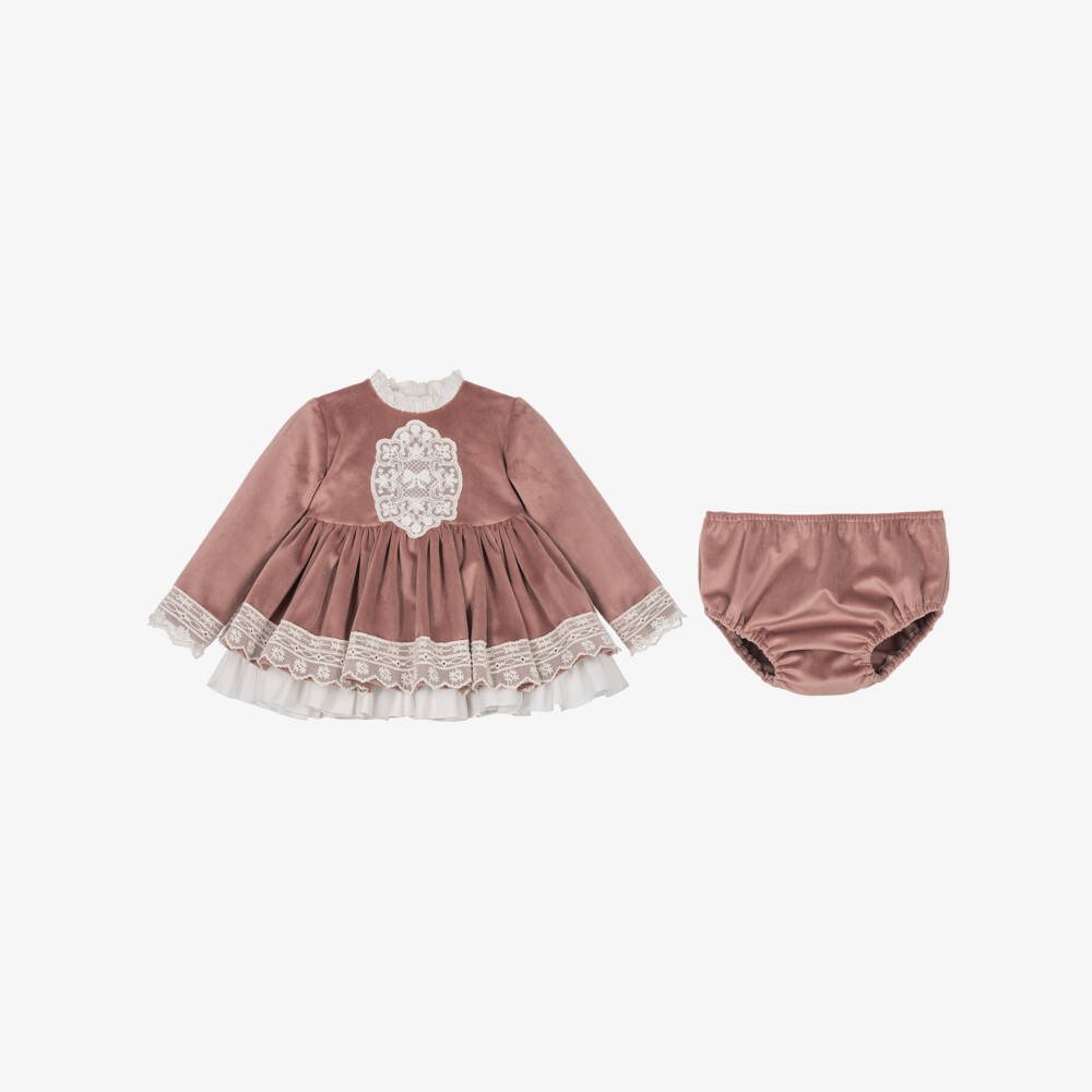 Abuela Tata-Baby Girls Pink Velvet & Lace Dress & Bonnet Set | Childrensalon