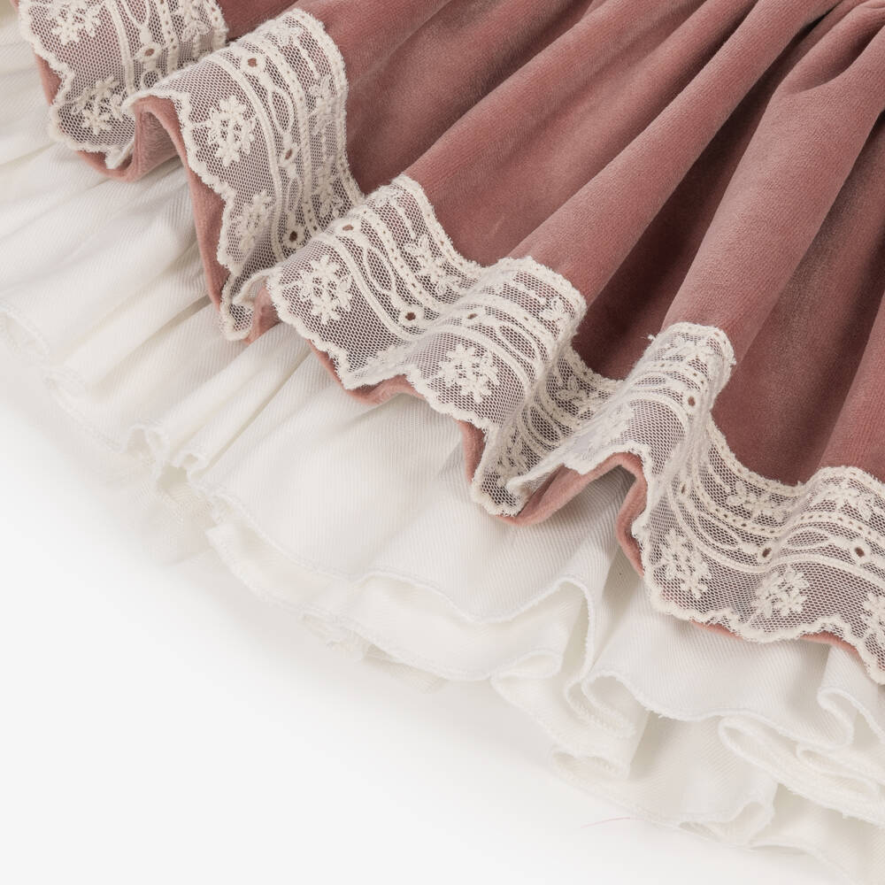 Abuela Tata-Baby Girls Pink Velvet & Lace Dress & Bonnet Set | Childrensalon