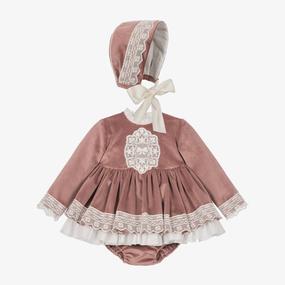 Abuela Tata-Baby Girls Pink Velvet & Lace Dress & Bonnet Set | Childrensalon