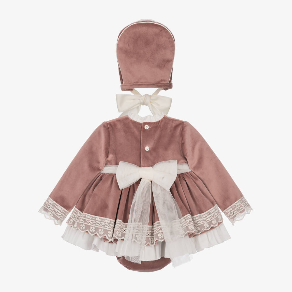 Abuela Tata-Baby Girls Pink Velvet & Lace Dress & Bonnet Set | Childrensalon