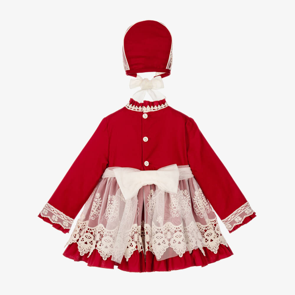 Abuela Tata-Baby Girls Red Cotton & Ivory Lace Dress & Bonnet Set | Childrensalon