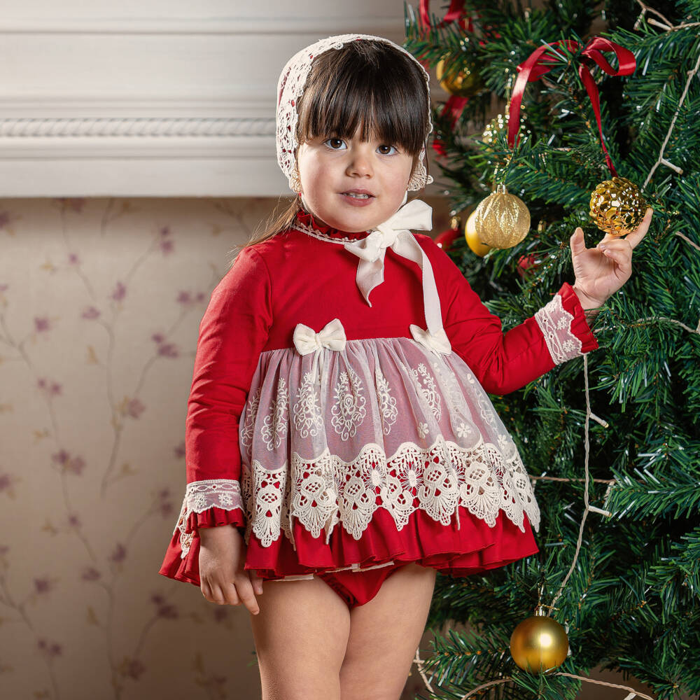 Abuela Tata-Baby Girls Red Cotton & Ivory Lace Dress & Bonnet Set | Childrensalon