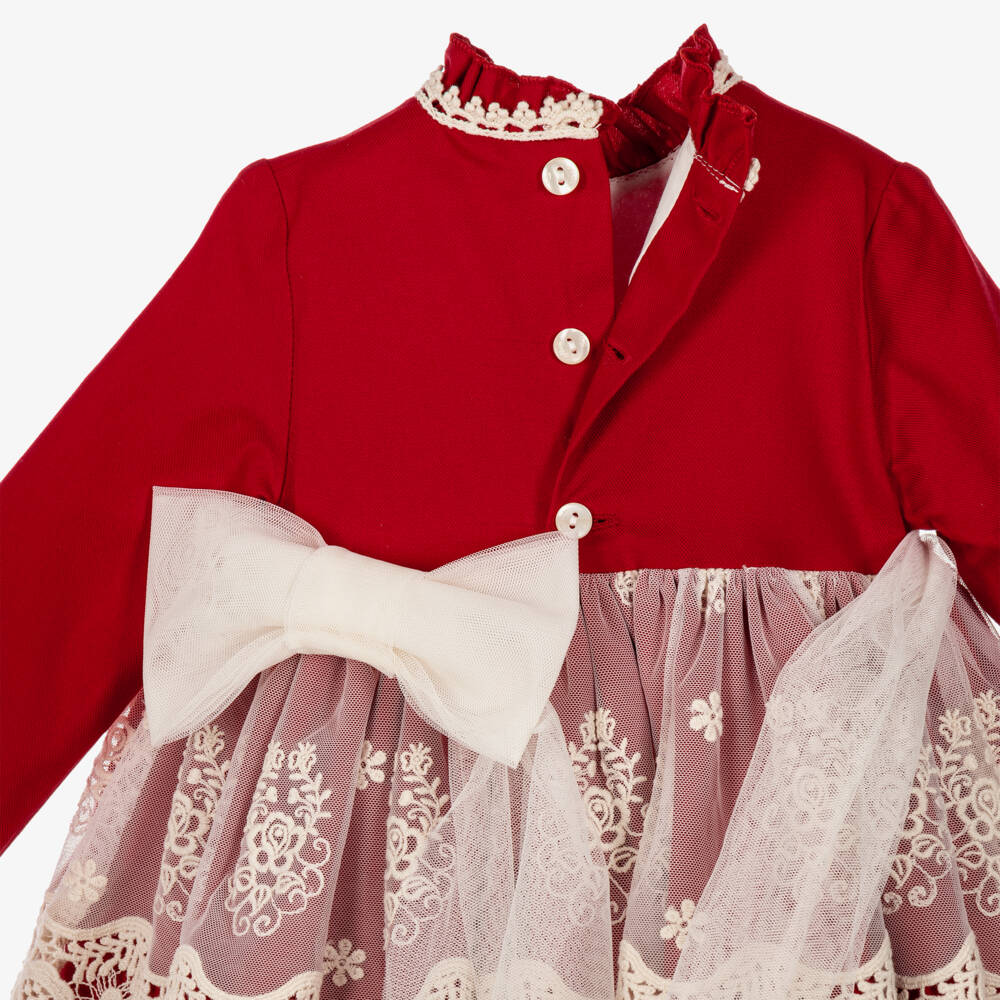 Abuela Tata-Baby Girls Red Cotton & Ivory Lace Dress & Bonnet Set | Childrensalon