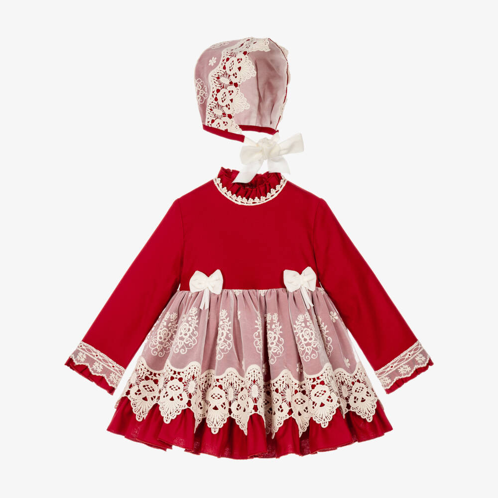 Abuela Tata-Baby Girls Red Cotton & Ivory Lace Dress & Bonnet Set | Childrensalon