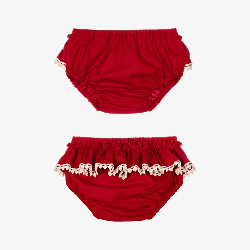 Abuela Tata-Baby Girls Red Cotton & Ivory Lace Dress & Bonnet Set | Childrensalon