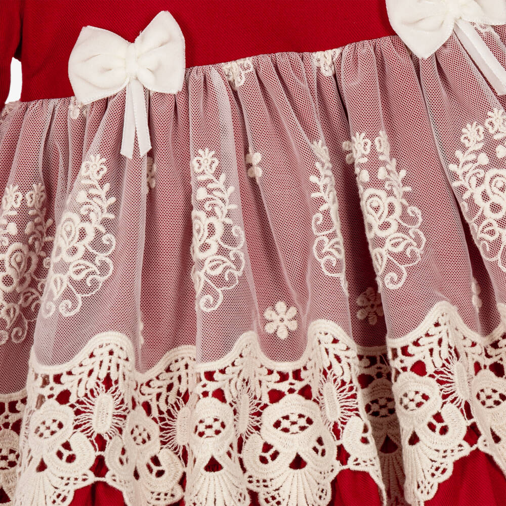 Abuela Tata-Baby Girls Red Cotton & Ivory Lace Dress & Bonnet Set | Childrensalon