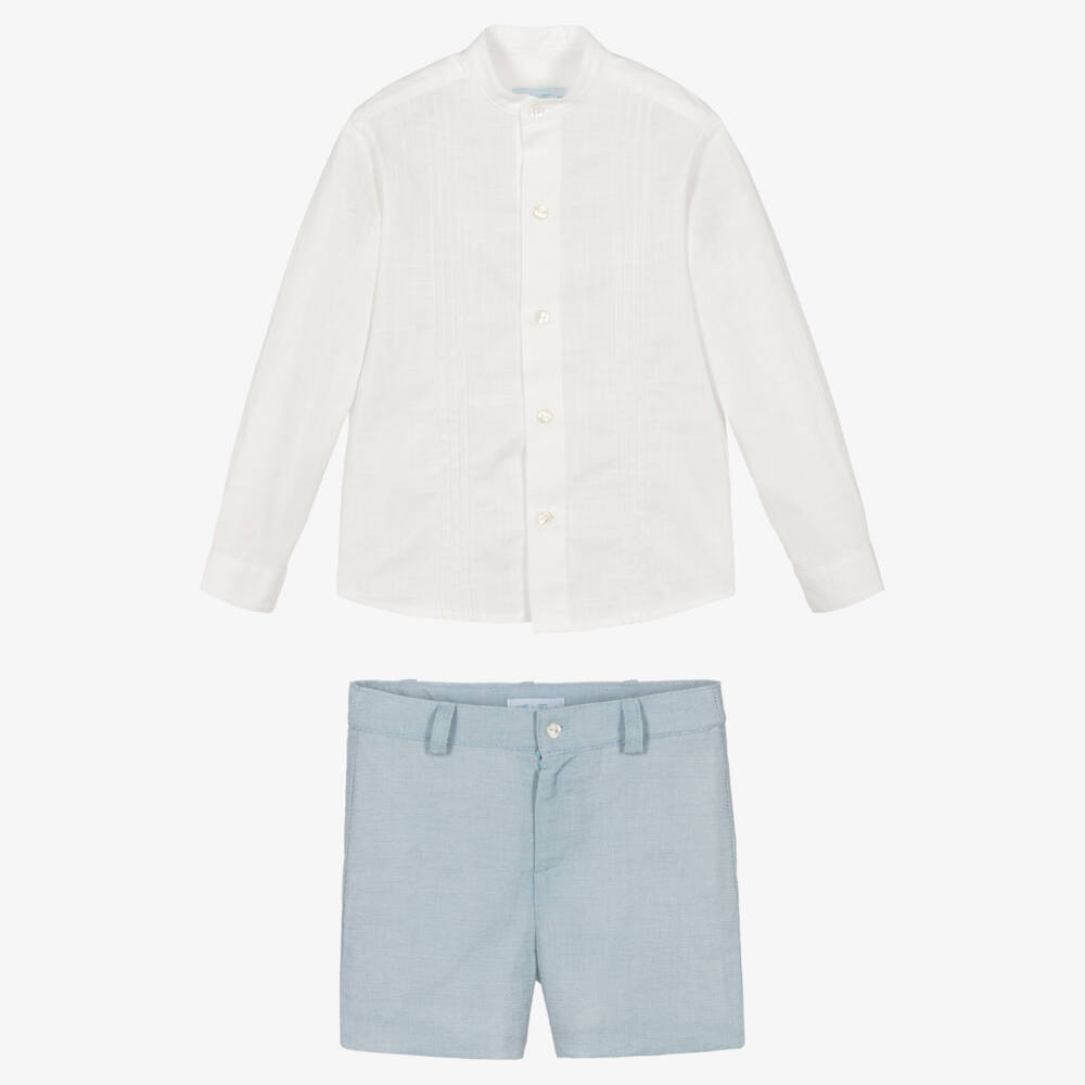 Abuela Tata-Boys Ivory & Blue Shorts Set | Childrensalon