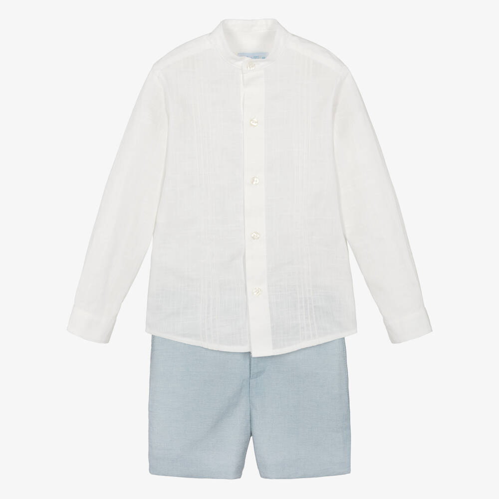 Abuela Tata-Boys Ivory & Blue Shorts Set | Childrensalon