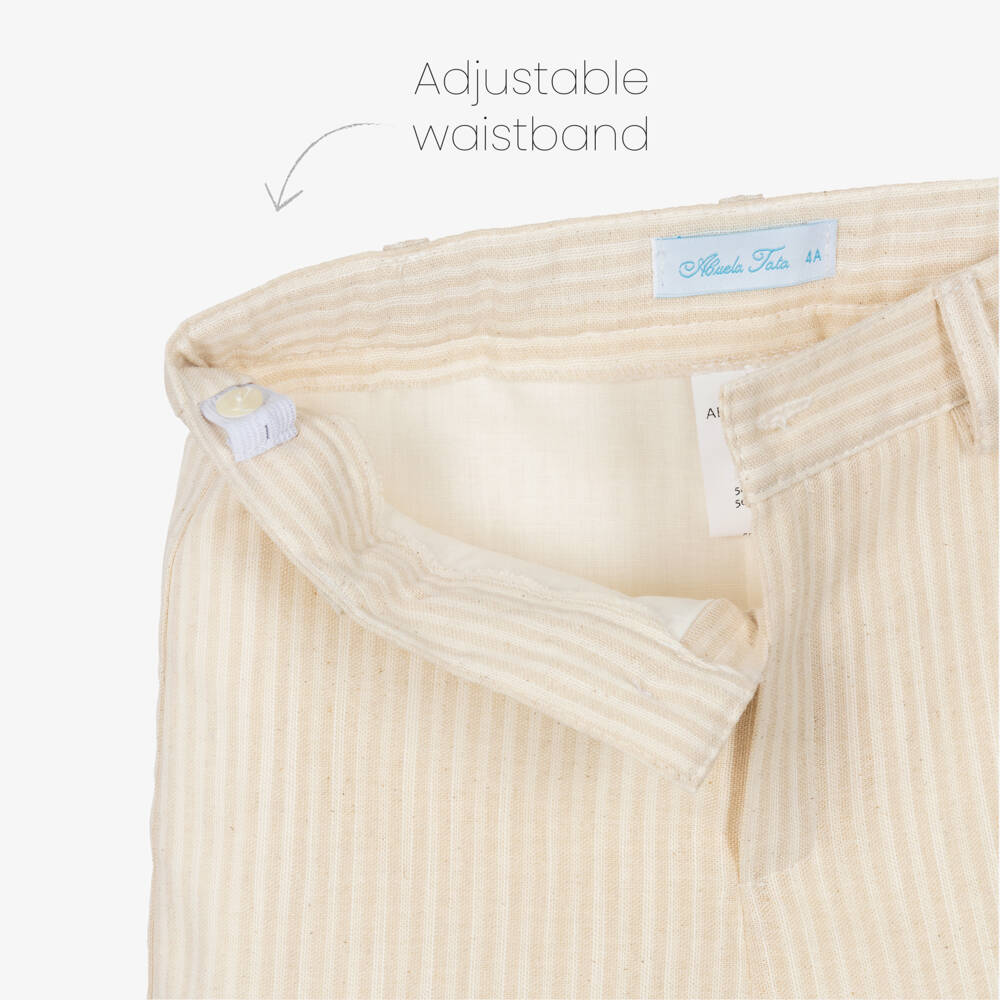 Abuela Tata-Boys Ivory Collarless Shirt & Beige Shorts Set | Childrensalon