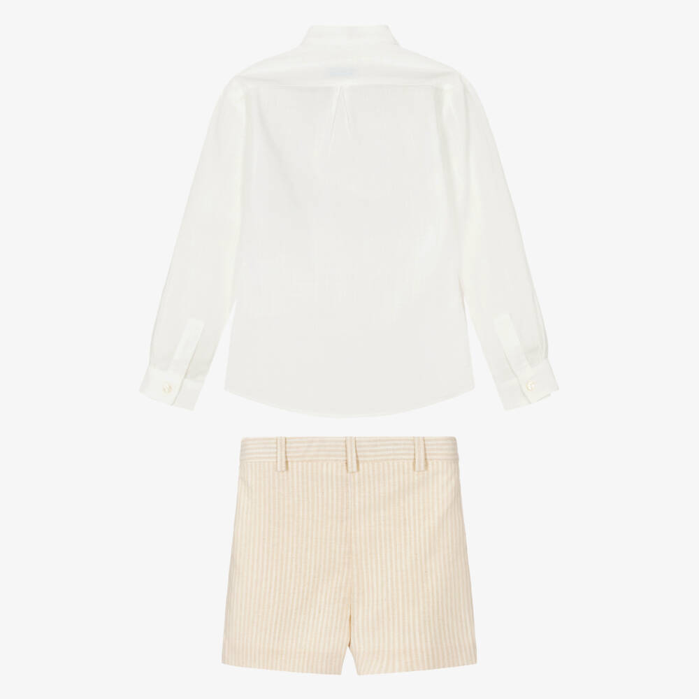 Abuela Tata-Boys Ivory Collarless Shirt & Beige Shorts Set | Childrensalon