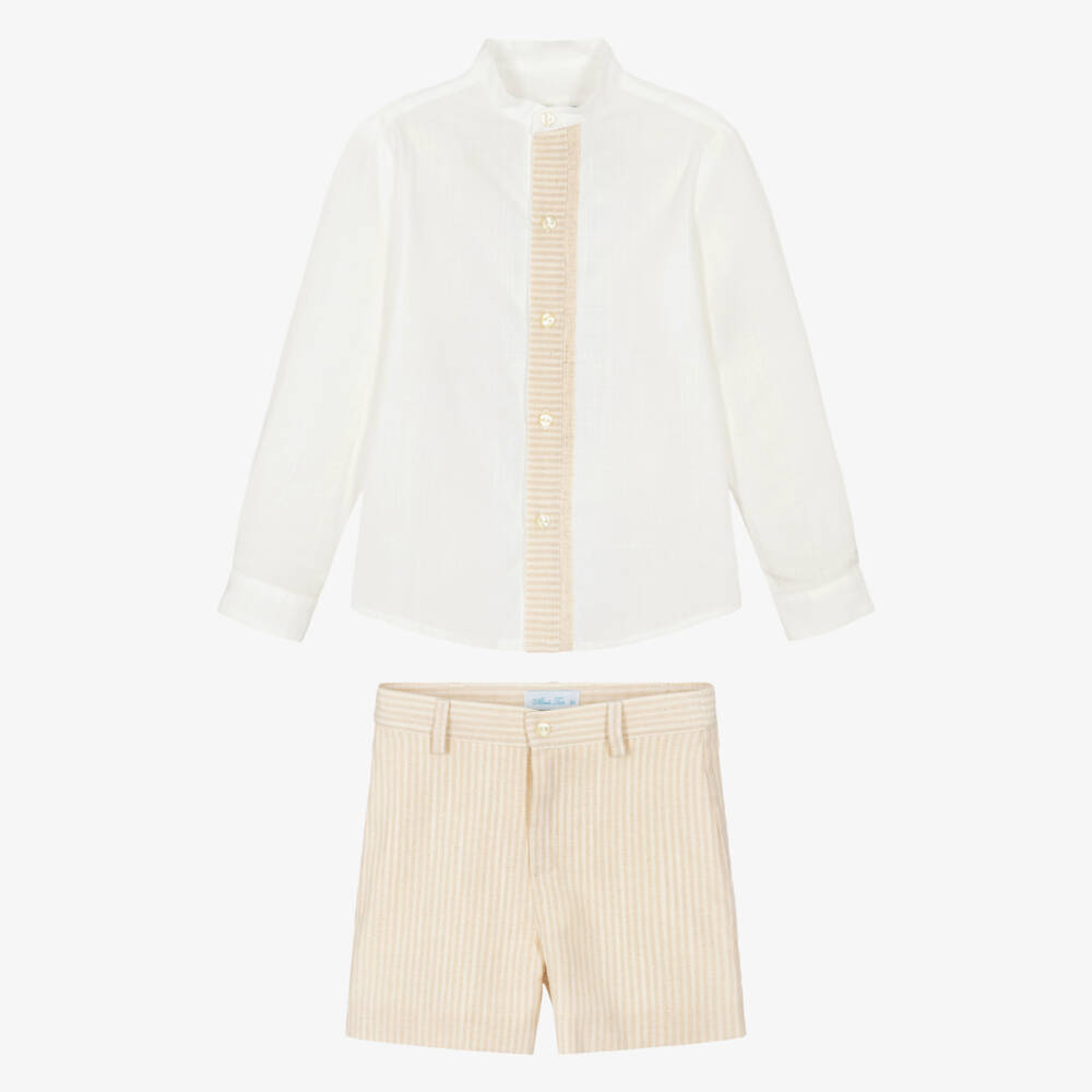 Abuela Tata-Boys Ivory Collarless Shirt & Beige Shorts Set | Childrensalon