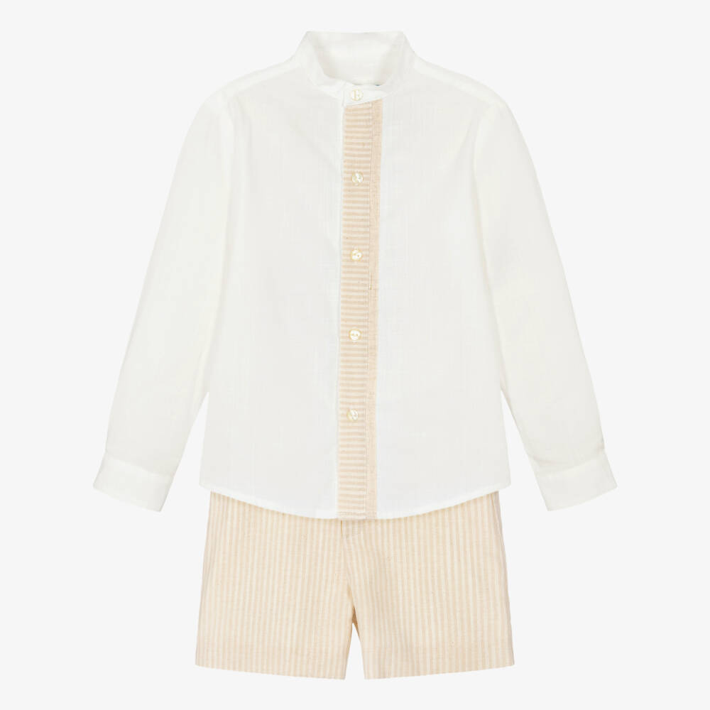 Abuela Tata-Boys Ivory Collarless Shirt & Beige Shorts Set | Childrensalon
