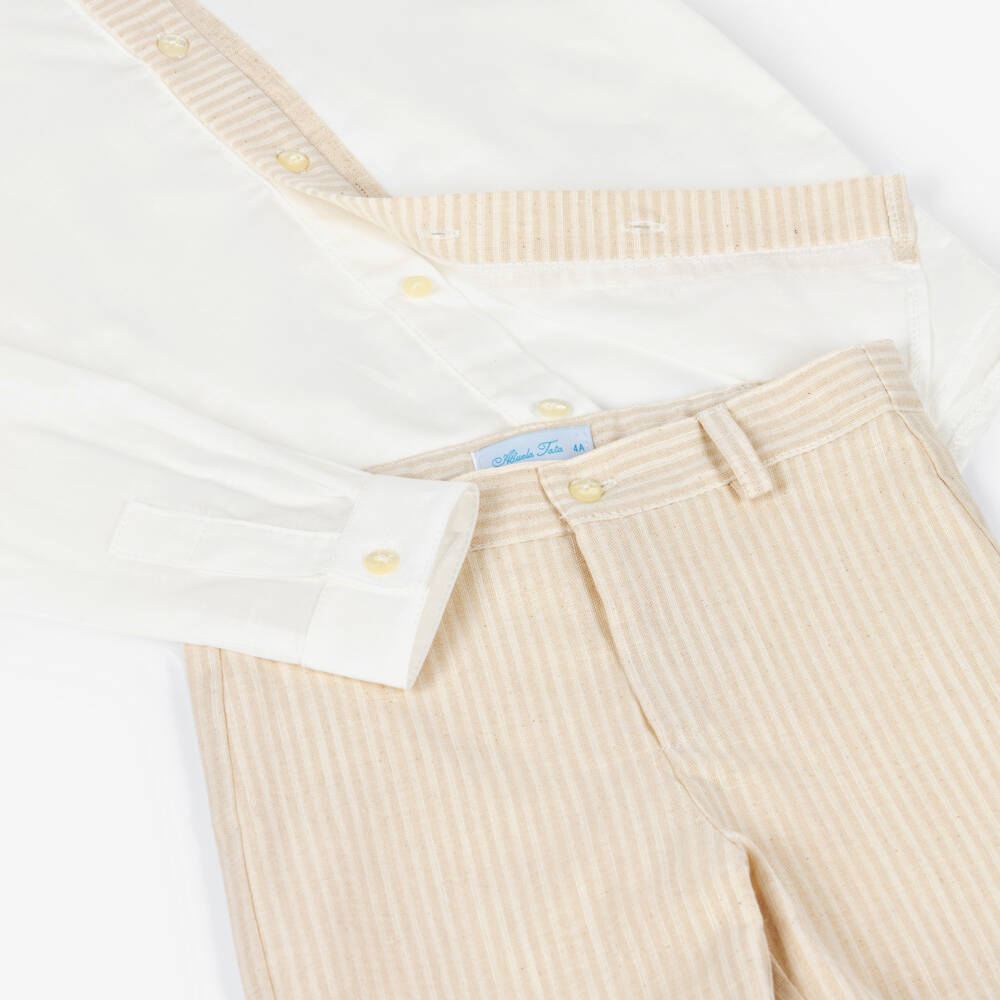 Abuela Tata-Boys Ivory Collarless Shirt & Beige Shorts Set | Childrensalon