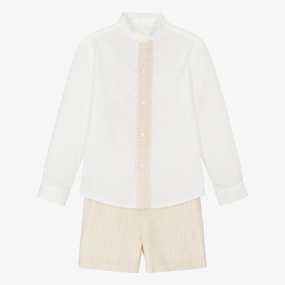 Abuela Tata-Boys Ivory Collarless Shirt & Beige Shorts Set | Childrensalon