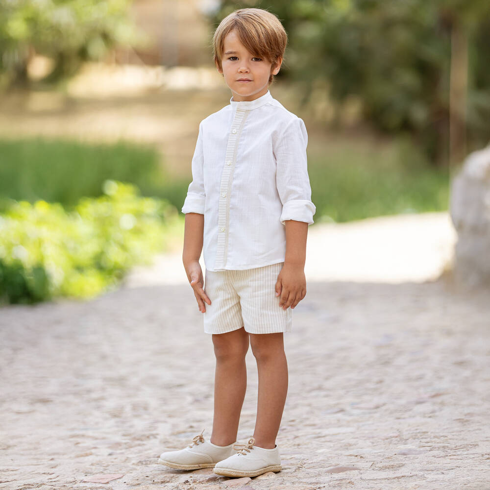 Abuela Tata-Boys Ivory Collarless Shirt & Beige Shorts Set | Childrensalon