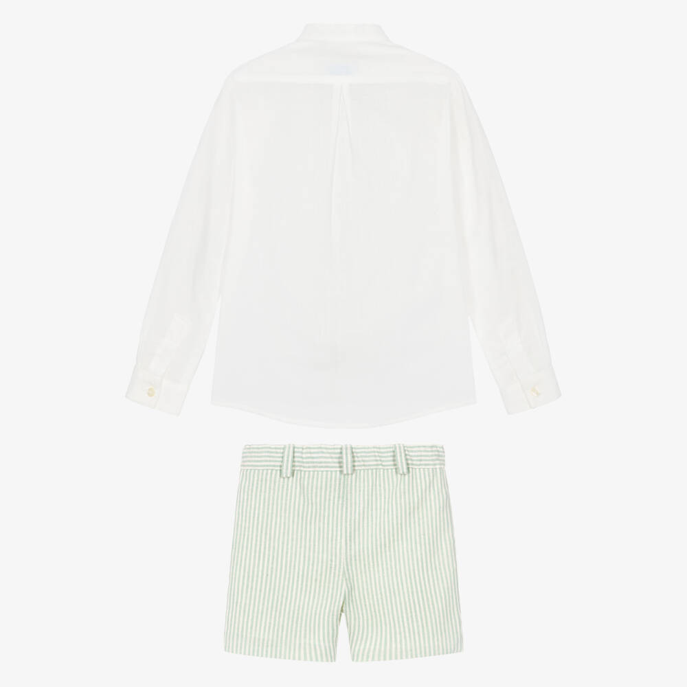 Abuela Tata-Boys Ivory Collarless Shirt & Green Striped Shorts Set | Childrensalon