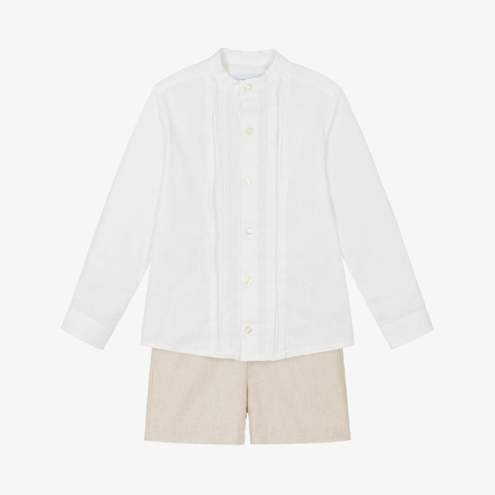 Abuela Tata-Boys Ivory Shirt & Beige Shorts Set | Childrensalon