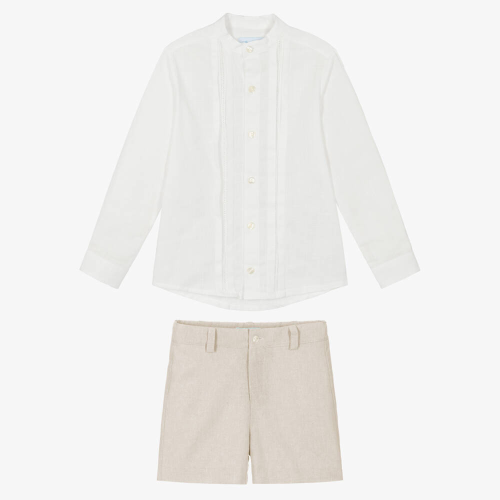Abuela Tata-Boys Ivory Shirt & Beige Shorts Set | Childrensalon