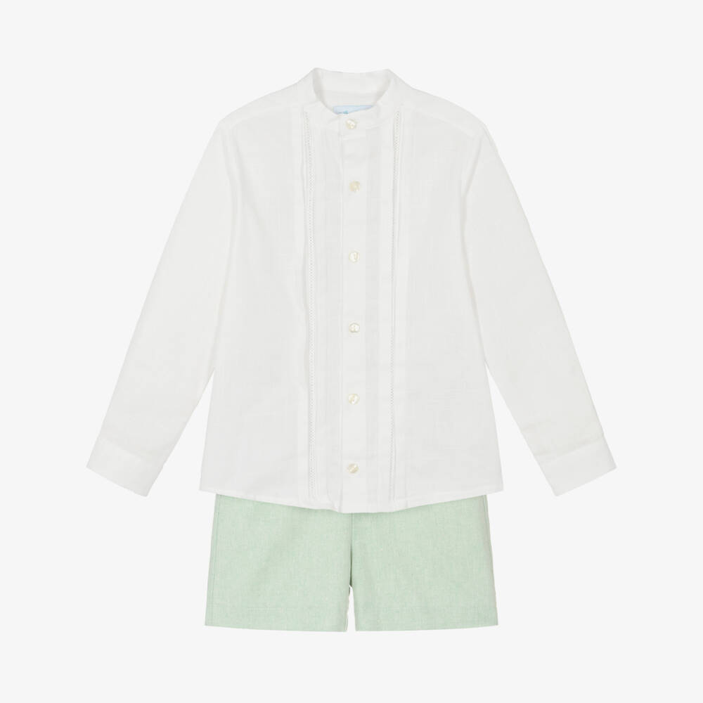 Abuela Tata-Boys Ivory Shirt & Green Shorts Set | Childrensalon