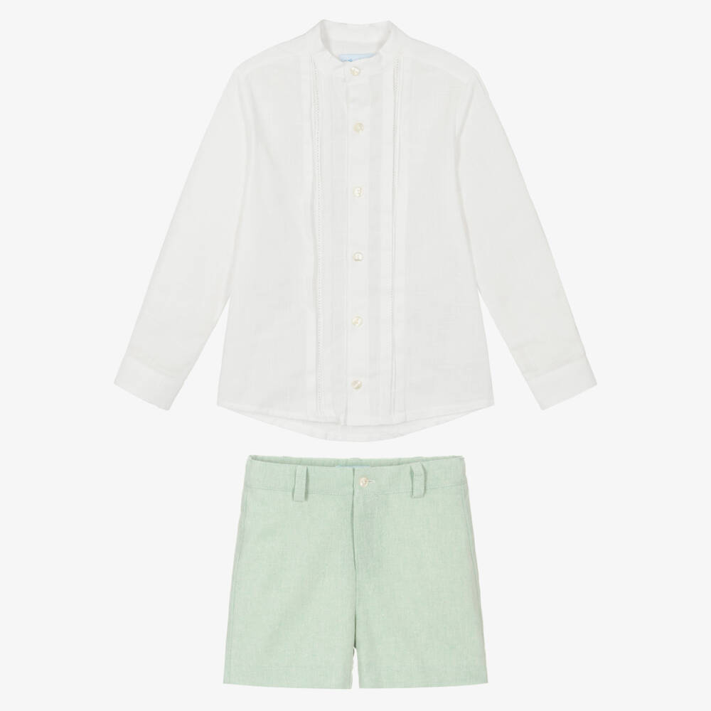 Abuela Tata-Boys Ivory Shirt & Green Shorts Set | Childrensalon
