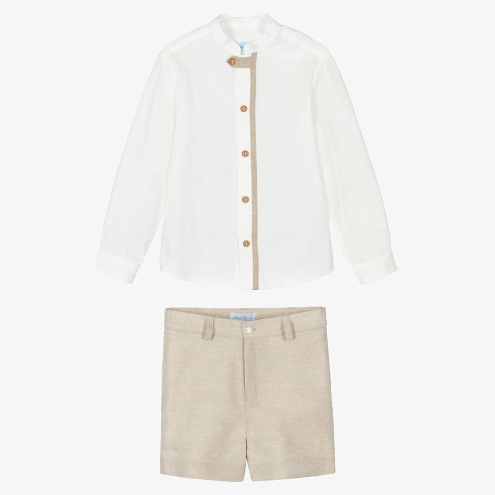 Abuela Tata-Boys White Collarless Shirt & Beige Shorts Set | Childrensalon