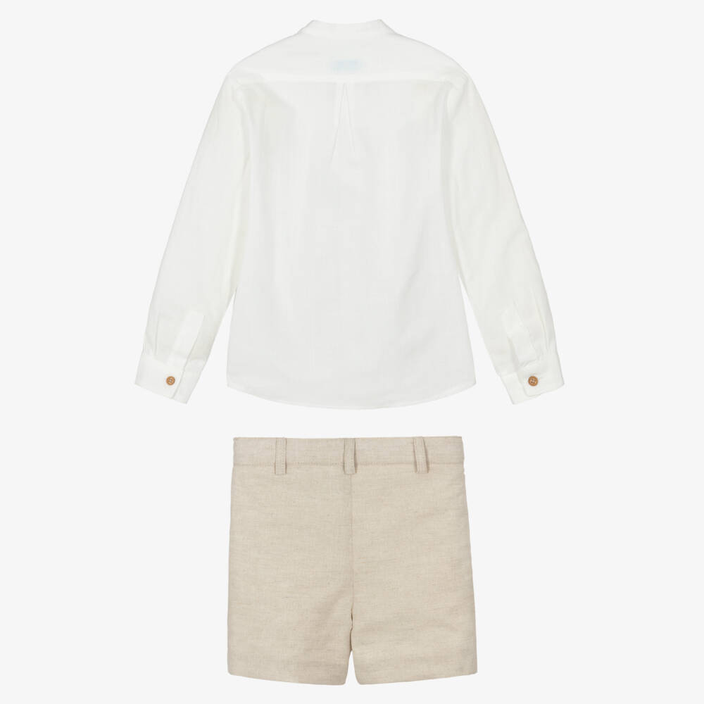 Abuela Tata-Boys White Collarless Shirt & Beige Shorts Set | Childrensalon